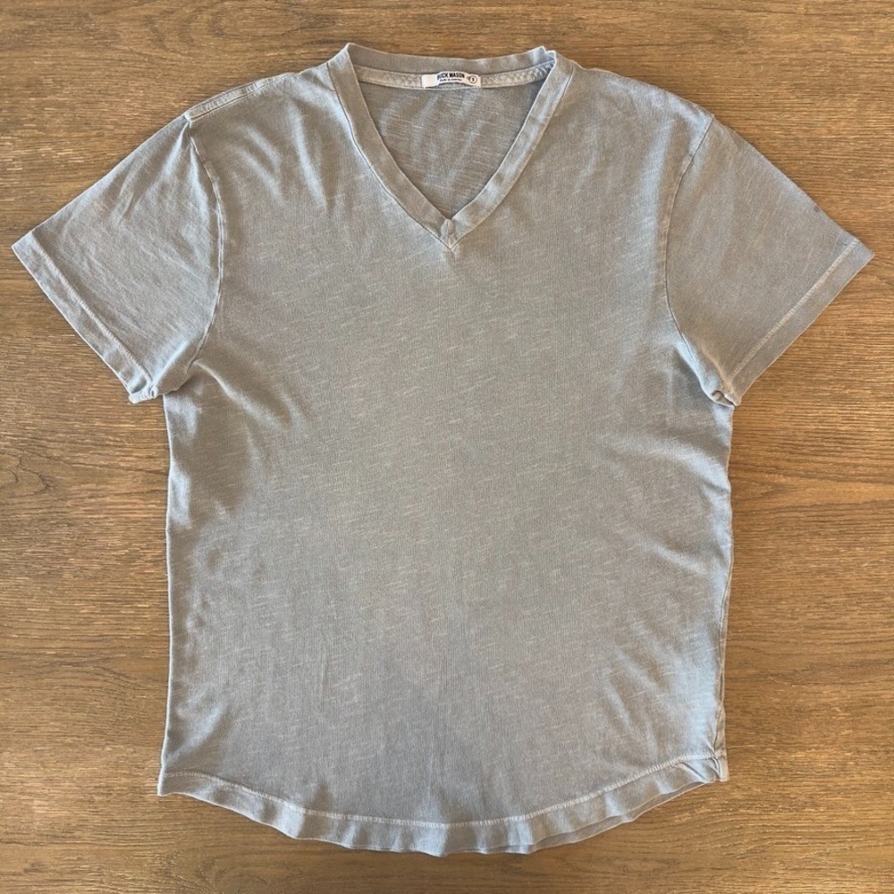 Buck Mason Grey Cotton Slub Curved Hem V-Neck Tee-Enzyme Washed-Classic USA-Sz S